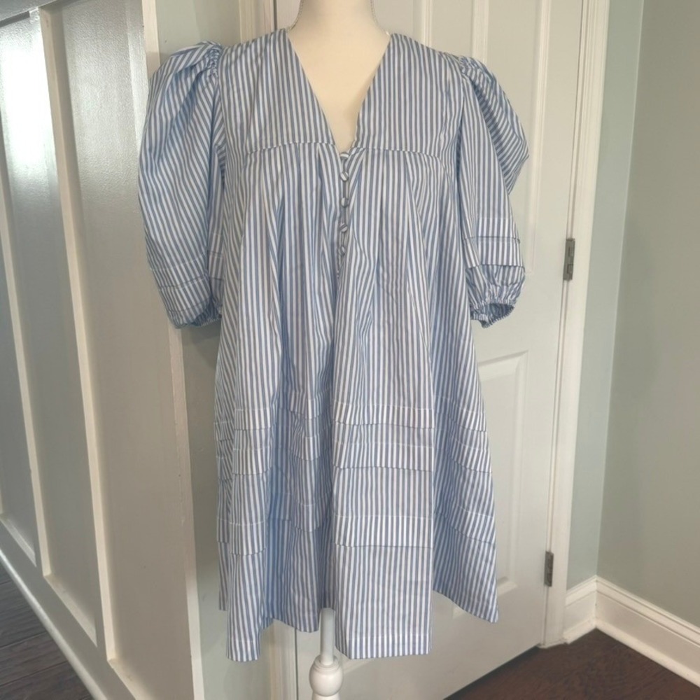 Striped Blue Puff-Sleeve Mini Dress